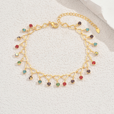 Summer Fashion Brass Heart Link Fringed Colorful Rhinestone Anklets for Women Beach Parties BX8171-1