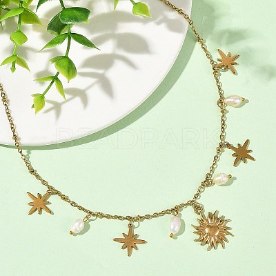 304 Stainless Steel & 201 Stainless Steel Sun Star Pendant Necklaces with Natural Pearl Beads for Women NJEW-JN06527-1