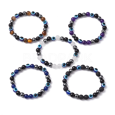Round Gemstone Beaded Stretch Bracelets BJEW-JB11005-1
