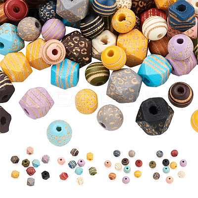 120Pcs 4 Style Painted Natural Wood Beads WOOD-FW0001-07-1