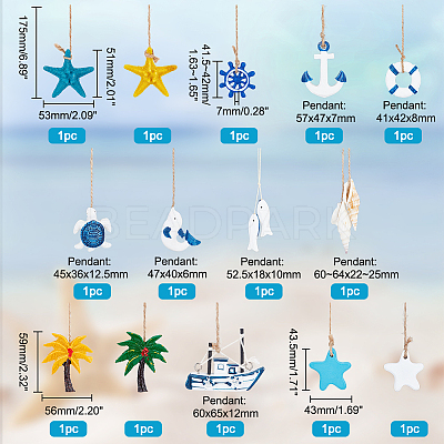 AHADEMAKER 14Pcs 14 Style Mediterranean Style Resin & Shell & Plastic Pendant Decoration HJEW-GA0001-34-1