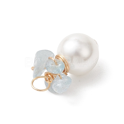 Natural Aquamarine Chip with Copper Wire Wrapped Shell Pearl Pendants PALLOY-JF04951-02-1