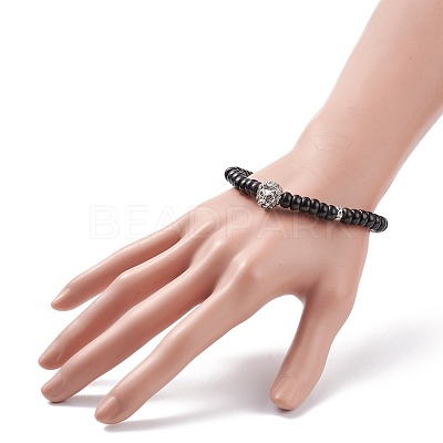 Coconut Shell Beaded Stretch Bracelet with Alloy Lion for Women BJEW-JB08208-1