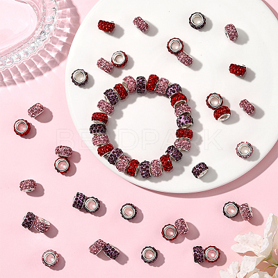 120Pcs 3 Colors Polymer Clay Rhinestone European Large Hole Beads with Silver Color Plated Brass Cores FPDL-LT0001-01B-1