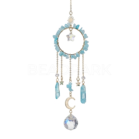 Natural Dyed Jade Imitation Aquamarine Chip Pendant Decorations with Brass Moon & Cable Chain & Electroplated Quartz Crystal Tassel HJEW-JM01650-02-1