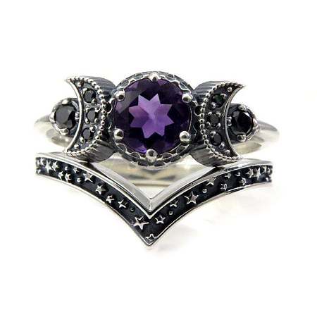 Gothic Purple Crystal Ring with Triple Moon Goddess - Black Diamond Jewelry for Women ST4544590-1