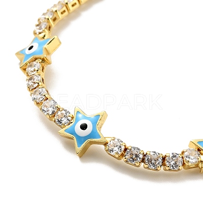 Star with Evil Eye Enamel Link Bracelet with Clear Cubic Zirconia Tennis Chains BJEW-G650-01G-1