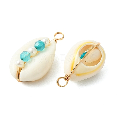 Faceted Round Natural Agate(Dyed & Heated) & Pearl Copper Wire Wrapped Pendants PALLOY-JF05538-1