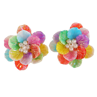 Flower Plastic & Plastic Pearl & Brass Stud Earrings & Rings Sets FS-WG6C53A-10-1