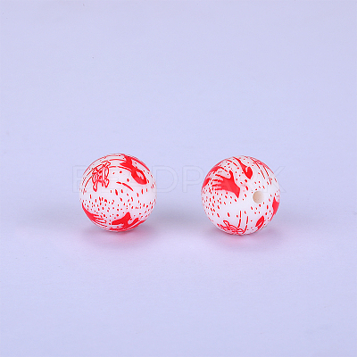 Printed Round with Skull Pattern Silicone Focal Beads SI-JX0056A-220-1