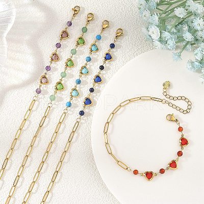 Gemstone Round & Stainless Steel Glass Heart Link Chain Bracelets with Paperclip Chains BJEW-JB14233-1