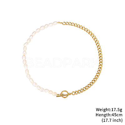 Natural Pearl Beaded Necklace with Stainless Steel Cuban Link Chains DQ3031-1-1