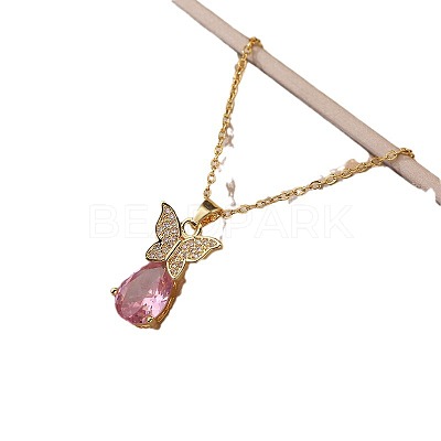 Butterfly & Teardrop 304 Stainless Steel Rhinestone Studs Earrings & Pendant Necklaces Sets for Women FS-WG8B01A-03-1