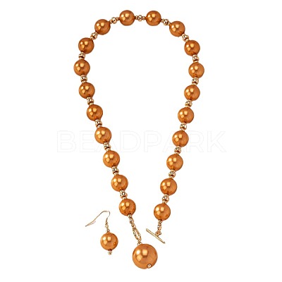 Plastic Imitation Pearl Round Beaded Pendant Necklaces & Dangle Earrings Sets for Women WGE733F-01-1