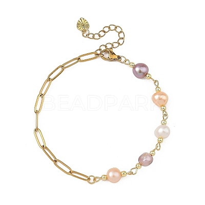 Natural Pearl Two Sides Polished Beaded Chain Bracelets with 304 Stainless Steel Paperclip Chains BJEW-JB14234-02-1