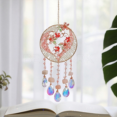 Brass Wire Wrapped Natural Rose Quartz Chips Heart Pendant Decorations HJEW-D302-14-1