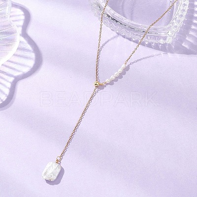 Adjustable Natural Keshi Pearl Rectangle Pendant 304 Stainless Steel Cable Chain Lariat Y Necklaces NJEW-JN05950-1