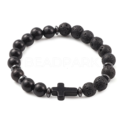 Natural & Synthetic Mixed Gemstone & Wood Cross Beaded Stretch Bracelet BJEW-JB09623-1