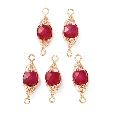 Natural Red Corundum Faceted Cube Links Connector Charms with Copper Herringbone Wire-Wrapped KK-Z152-06G-02A-1