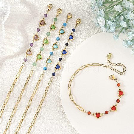 Gemstone Round & Stainless Steel Glass Heart Link Chain Bracelets with Paperclip Chains BJEW-JB14233-1