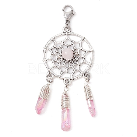 Alloy Woven Net/Web with Natural Rose Quartz Pendants Decorations HJEW-TA00194-03-1