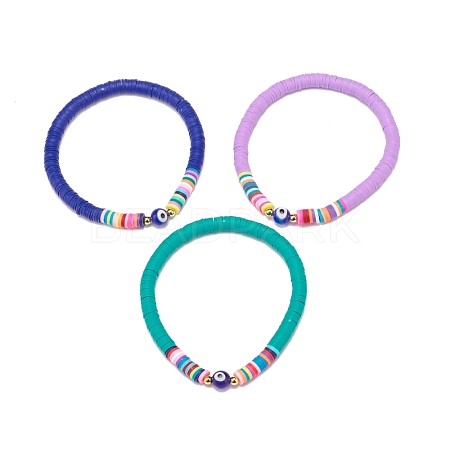 3Pcs 3 Colors Polymer Clay Heishi Surfer Stretch Anklets Set with Lampwork Evil Eye AJEW-AN00502-1