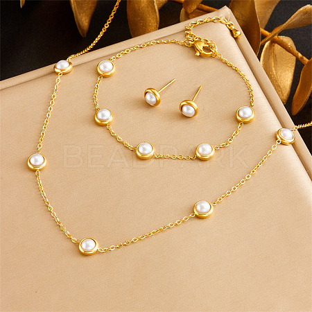 Stainless Steel & Pearl Chain Necklace & Bracelet & Stud Earring FS-WG047CA-08-1