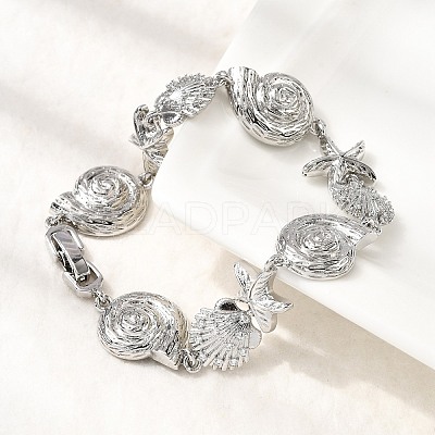 Summer Beach Brass Micro Pave Clear Cubic Zirconia Starfish & Shell Shape Link Chain Bracelets LS-BJEW-C118-02A-P-1