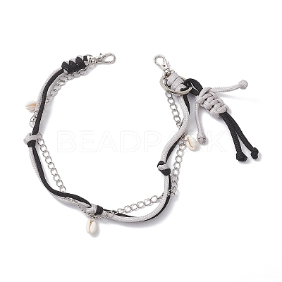 Polyester & Spandex Cord Rope Braided Human & Natural Cowrie Shell Charm Iron Chain Bag Decorative Chains AJEW-BA00173-02-1