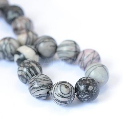 Natural Black Silk Stone/Netstone Round Bead Strands G-E334-6mm-05-1