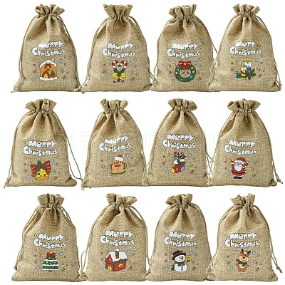 12Pcs 12 Styles Christmas Printed Burlap Packing Pouches Drawstring Bags ABAG-FS0001-03B-1
