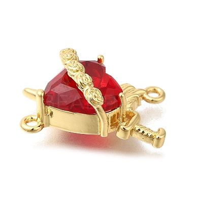 Brass FireBrick Cubic Zirconia Rose Heart with Sword Connector Charms X-KK-R002-27G-01-1