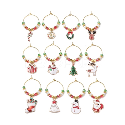 Christmas Theme Electroplate Glass Beads & Alloy Enamel Wine Glass Charms AJEW-JO00256-1