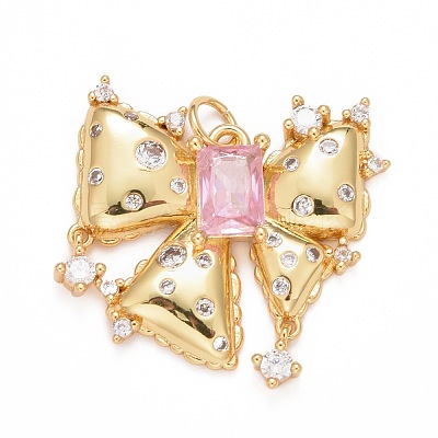 Rack Plating Brass Pink & Clear Cubic Zirconia Pendants KK-M229-02G-1