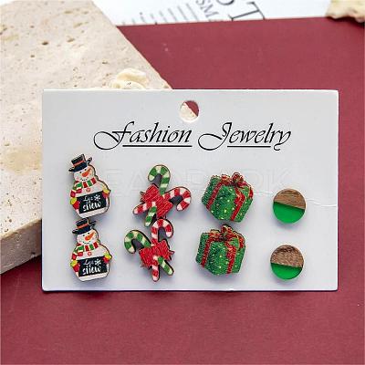 4 Pairs Candy Cane & Snowman & Christmas Gift Printed Wood Stud Earrings EJEW-OY001-01-1