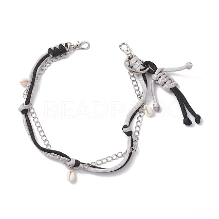 Polyester & Spandex Cord Rope Braided Human & Natural Cowrie Shell Charm Iron Chain Bag Decorative Chains AJEW-BA00173-02-1