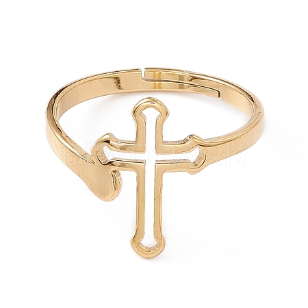 Ion Plating(IP) 201 Stainless Steel Hollow Out Cross Adjustable Ring for Women RJEW-K238-06G-1