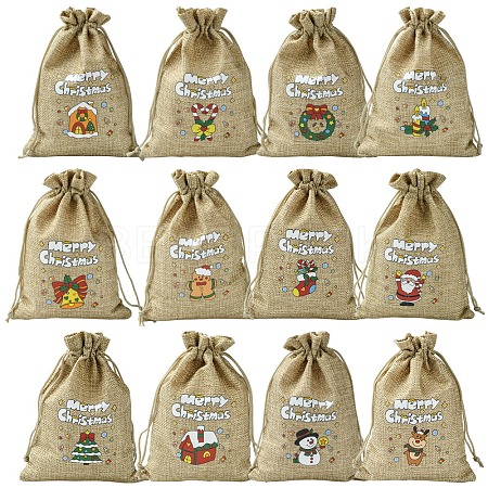 12Pcs 12 Styles Christmas Printed Burlap Packing Pouches Drawstring Bags ABAG-FS0001-03B-1