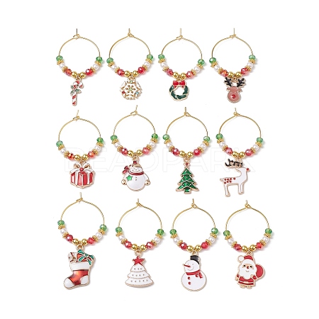 Christmas Theme Electroplate Glass Beads & Alloy Enamel Wine Glass Charms AJEW-JO00256-1