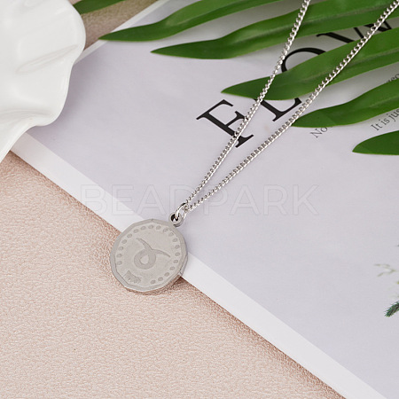 201 Stainless Steel Constellation Coin Pendant Necklace with Alloy Chains ZODI-PW0001-032C-1