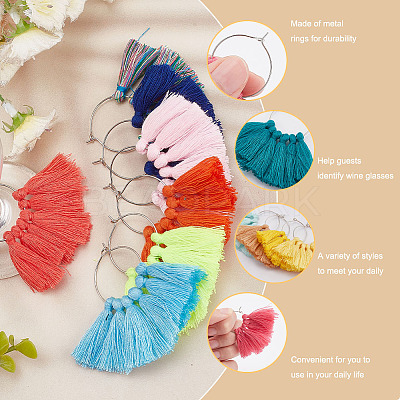 18Pcs 18 Colors Polycotton Tassel Fan Shape Wine Glass Charms AJEW-BC0003-93-1