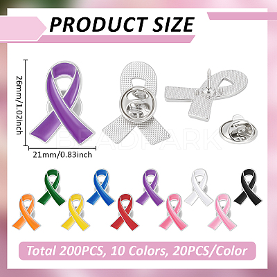200Pcs 10 Colors Awareness Ribbon Zinc Alloy Enamel Pins JEWB-WA0001-02-1