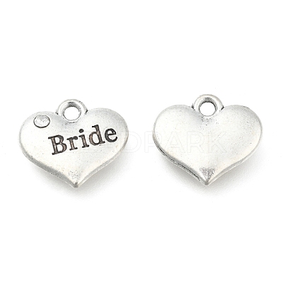 Wedding Theme Antique Silver Tone Tibetan Style Heart with Bride Rhinestone Charms X-TIBEP-N005-12E-1