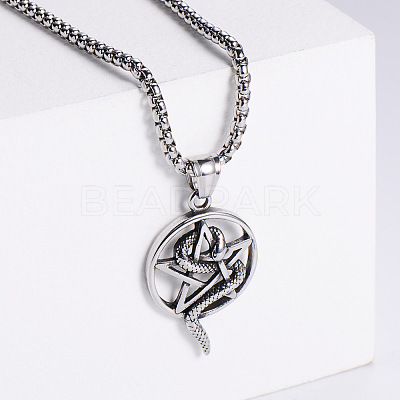 Vintage 304 Stainless Steel Snake Wrapped Pentagram Pendant Punk Necklaces ZI6457-1-1