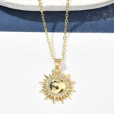 Brass Micro Pave Clear Cubic Zirconia Sun Pendant Necklaces for Women NJEW-S449-05B-G-1