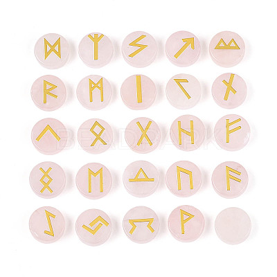 Brass Elder Futhark Alphabet Engraved Symbol Flat Round Natural Rose Quartz Rune Stones G-I373-01G-1