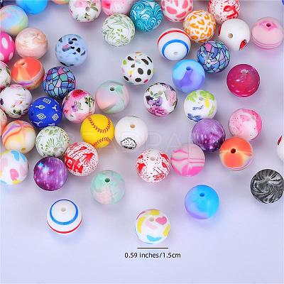 Printed Round with Flower Pattern Silicone Focal Beads SI-JX0056A-116-1