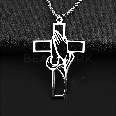 Hollow Cut Cross with Praying Hand 201 Stainless Steel Pendant Necklaces for Men FS-WG70CE0-01-1