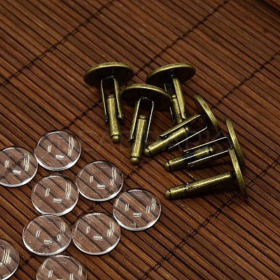 Antique Bronze Brass Cufflinks Tray Settings with Domed Clear Glass Covers Sets for Picture Cuff Button Making DIY-D0093-NF-1
