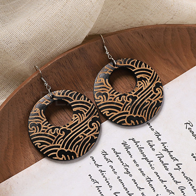 Flat Round Wood Dangle Earrings FS-WGF3184-01-1